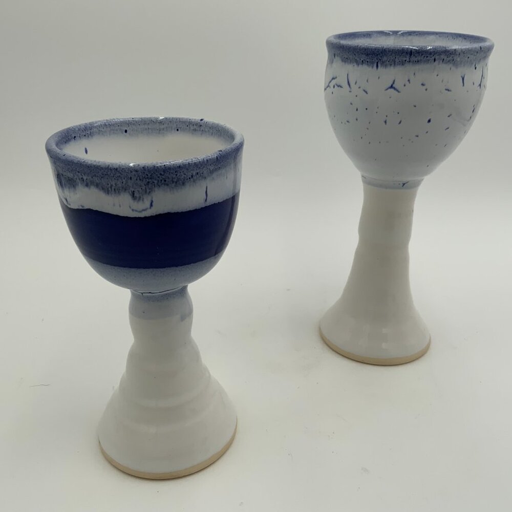 2 Sgnd Amy L Pottery Goblets Glazed Wine Chalices Blue & White - Picture 6 of 9